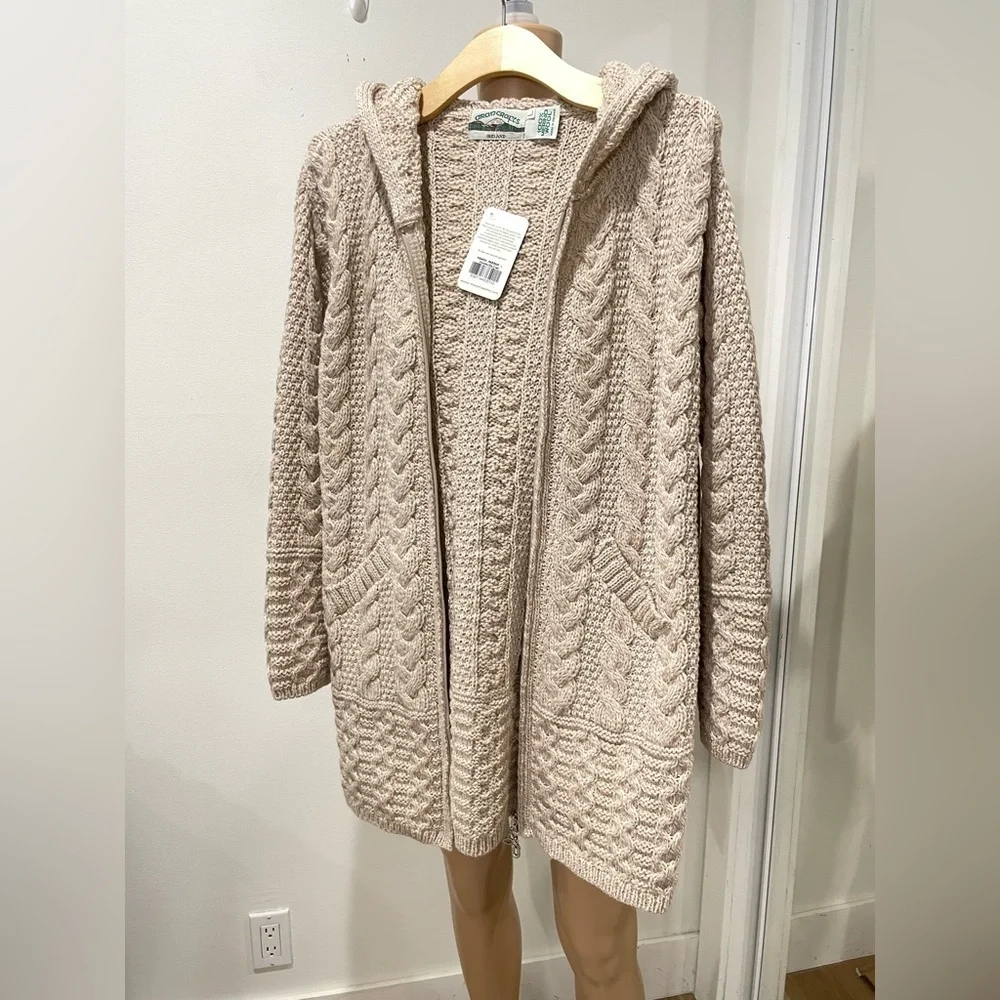 ARAN Ireland 100% Merino Wool Full Zip Sweater Coat Oatmeal L Chunky‎ Fisherman - Picture 2 of 10